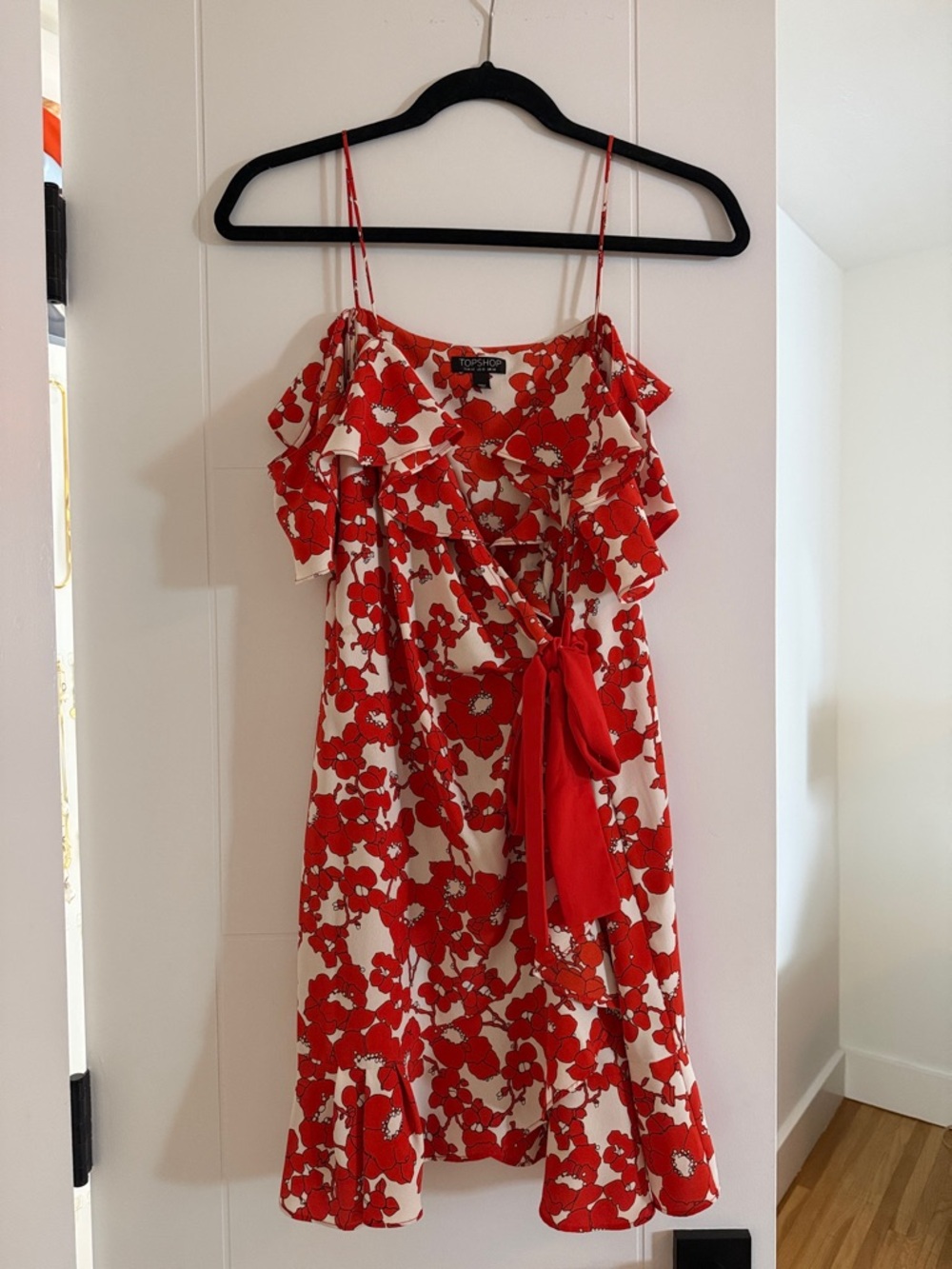 Topshop Red & White Floral Tie-Waist Ruffle Mini Dress